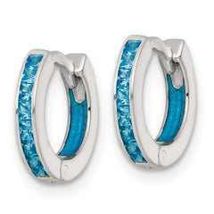 QE18196 Sterling Silver Polished Blue CZ and Blue Enamel In and Out 13mm Hinged Round Hoop Earrings