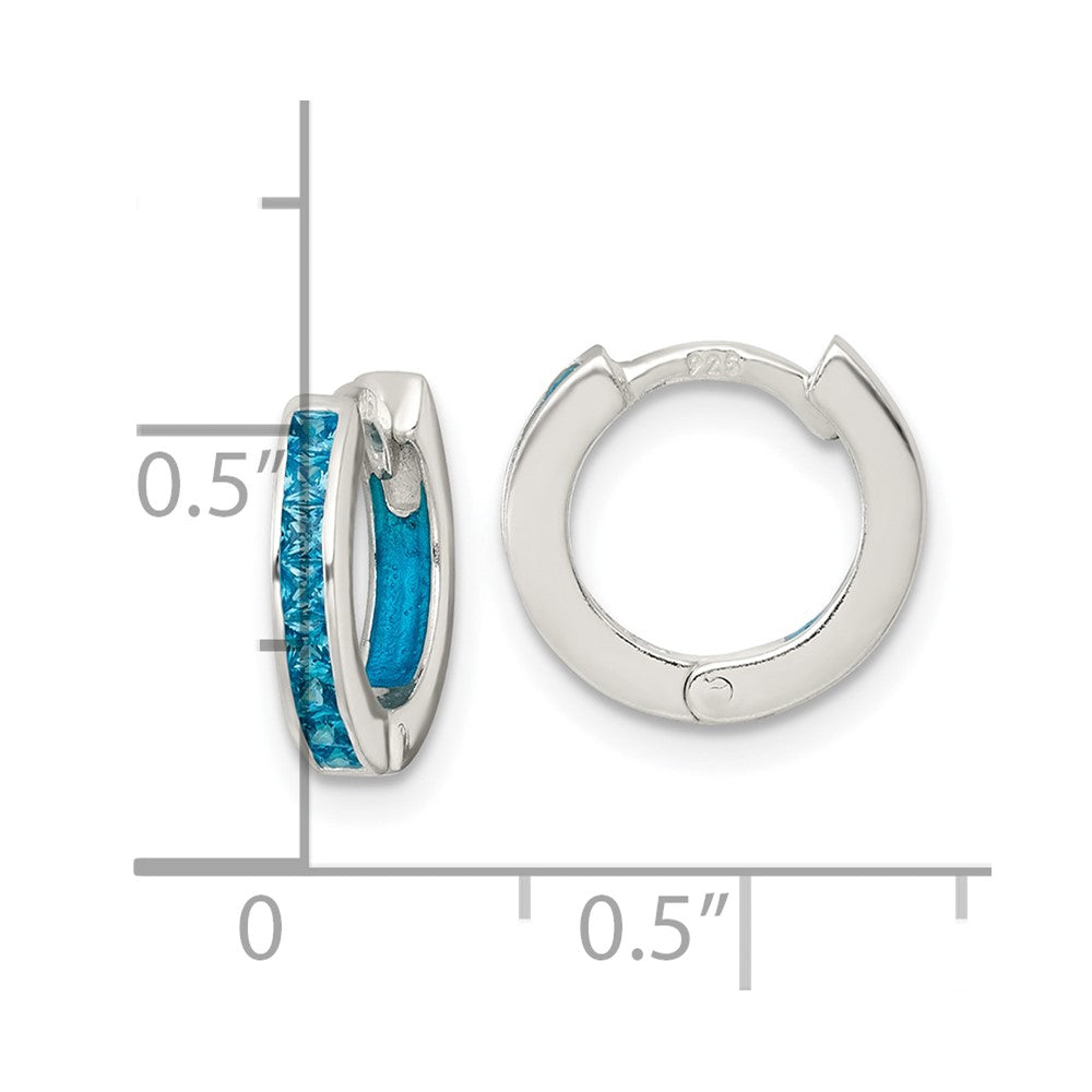 QE18196 Sterling Silver Polished Blue CZ and Blue Enamel In and Out 13mm Hinged Round Hoop Earrings