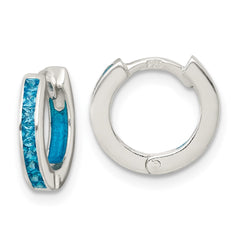 QE18196 Sterling Silver Polished Blue CZ and Blue Enamel In and Out 13mm Hinged Round Hoop Earrings