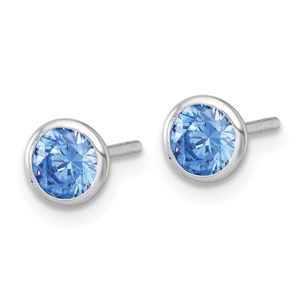 QE18197 Sterling Silver Rhodium-plated Polished 6.25mm Blue CZ Stud Post Earrings
