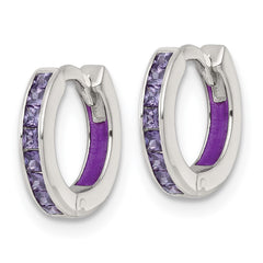 QE18198 Sterling Silver Polished Purple CZ and Purple Enamel In and Out 13mm Hinged Round Hoop Earrings