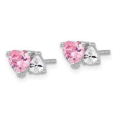 QE18199 Sterling Silver Rhodium-plated Polished Heart Pink and White Pear CZ Post Earrings