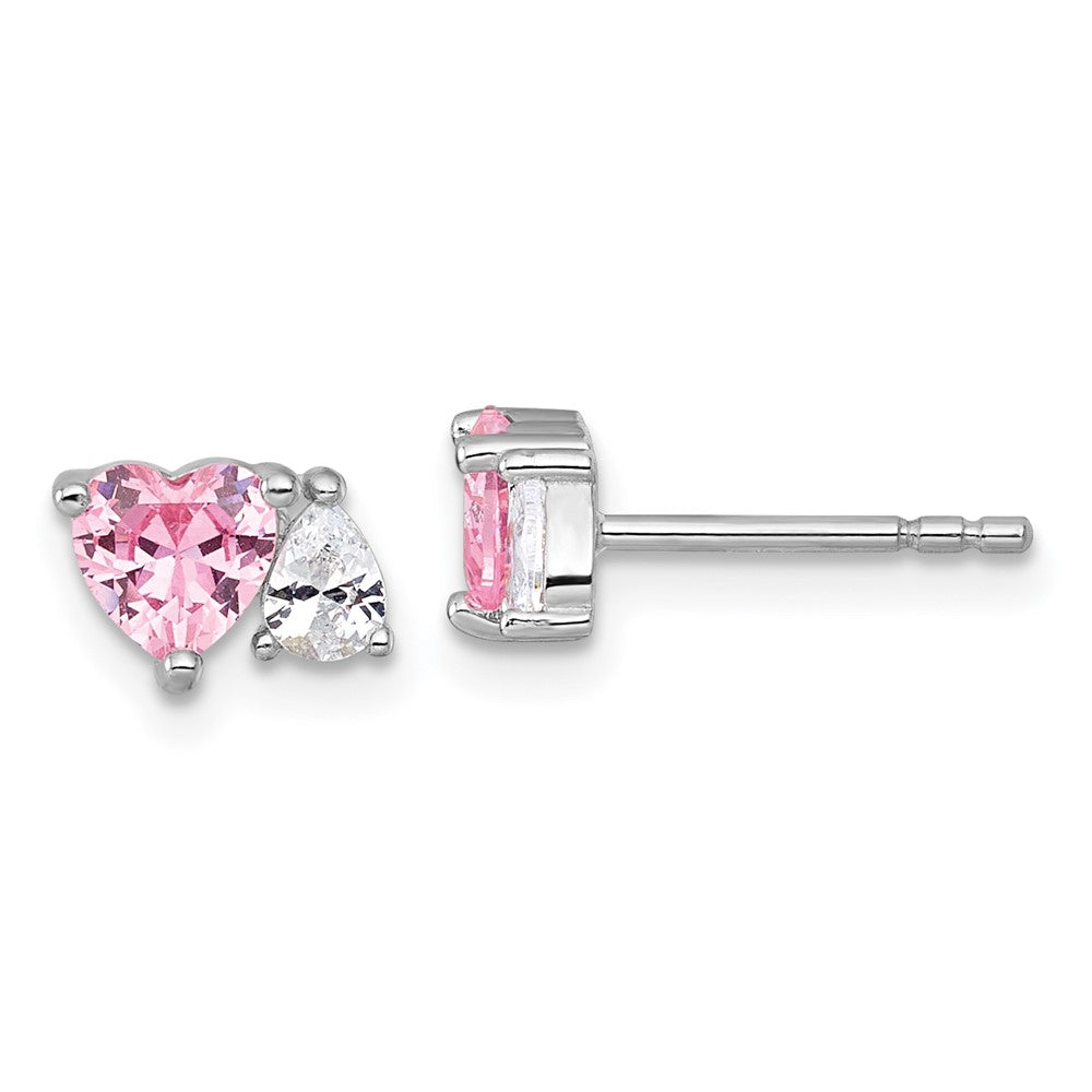 QE18199 Sterling Silver Rhodium-plated Polished Heart Pink and White Pear CZ Post Earrings