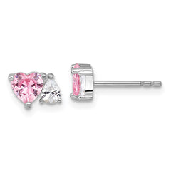 QE18199 Sterling Silver Rhodium-plated Polished Heart Pink and White Pear CZ Post Earrings