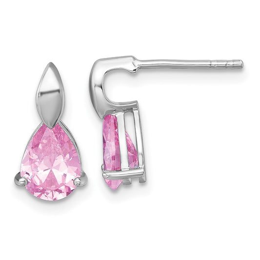 QE18200 Sterling Silver Rhodium-plated Polished Pink Pear CZ Teardrop Post Earrings