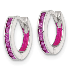 QE18201 Sterling Silver Polished Pink CZ and Pink Enamel In and Out 13mm Hinged Round Hoop Earrings