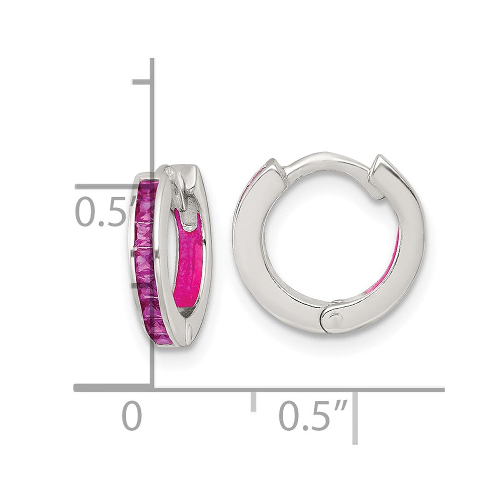 QE18201 Sterling Silver Polished Pink CZ and Pink Enamel In and Out 13mm Hinged Round Hoop Earrings