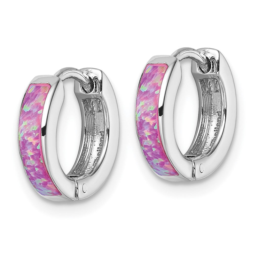QE18202 Sterling Silver Rhodium-plated Polished 3.25mm x 12mm Pink Lab Created Opal Hinged Hoop Earrings