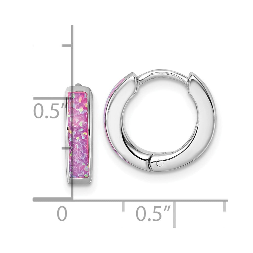 QE18202 Sterling Silver Rhodium-plated Polished 3.25mm x 12mm Pink Lab Created Opal Hinged Hoop Earrings