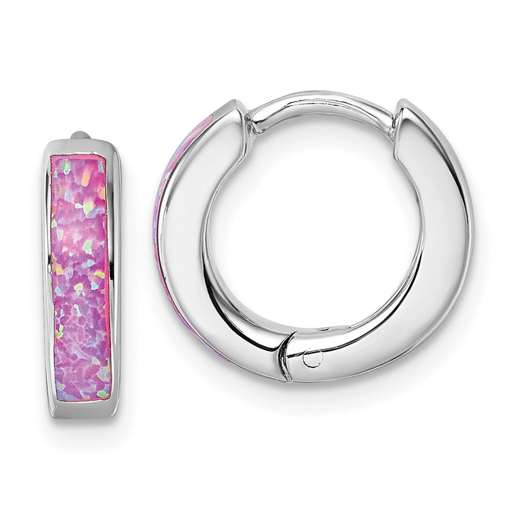 QE18202 Sterling Silver Rhodium-plated Polished 3.25mm x 12mm Pink Lab Created Opal Hinged Hoop Earrings