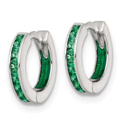 QE18203 Sterling Silver Polished Green CZ and Green Enamel In and Out 13mm Hinged Round Hoop Earrings