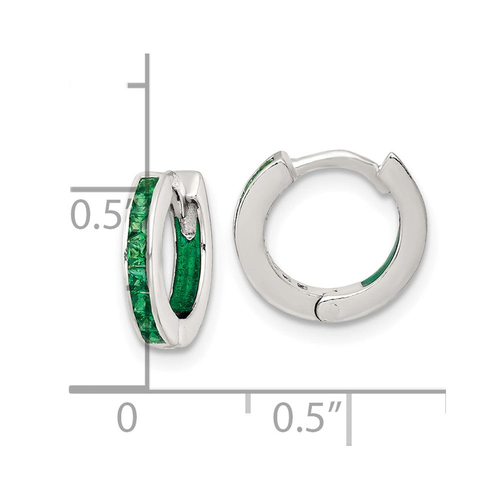 QE18203 Sterling Silver Polished Green CZ and Green Enamel In and Out 13mm Hinged Round Hoop Earrings