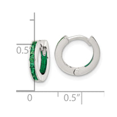 QE18203 Sterling Silver Polished Green CZ and Green Enamel In and Out 13mm Hinged Round Hoop Earrings