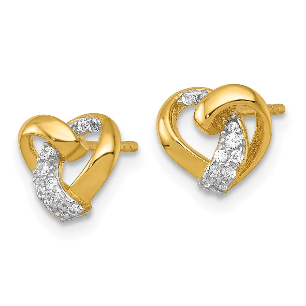 QE18208 Sterling Silver Gold-tone Polished CZ Love Knot Heart Post Earrings