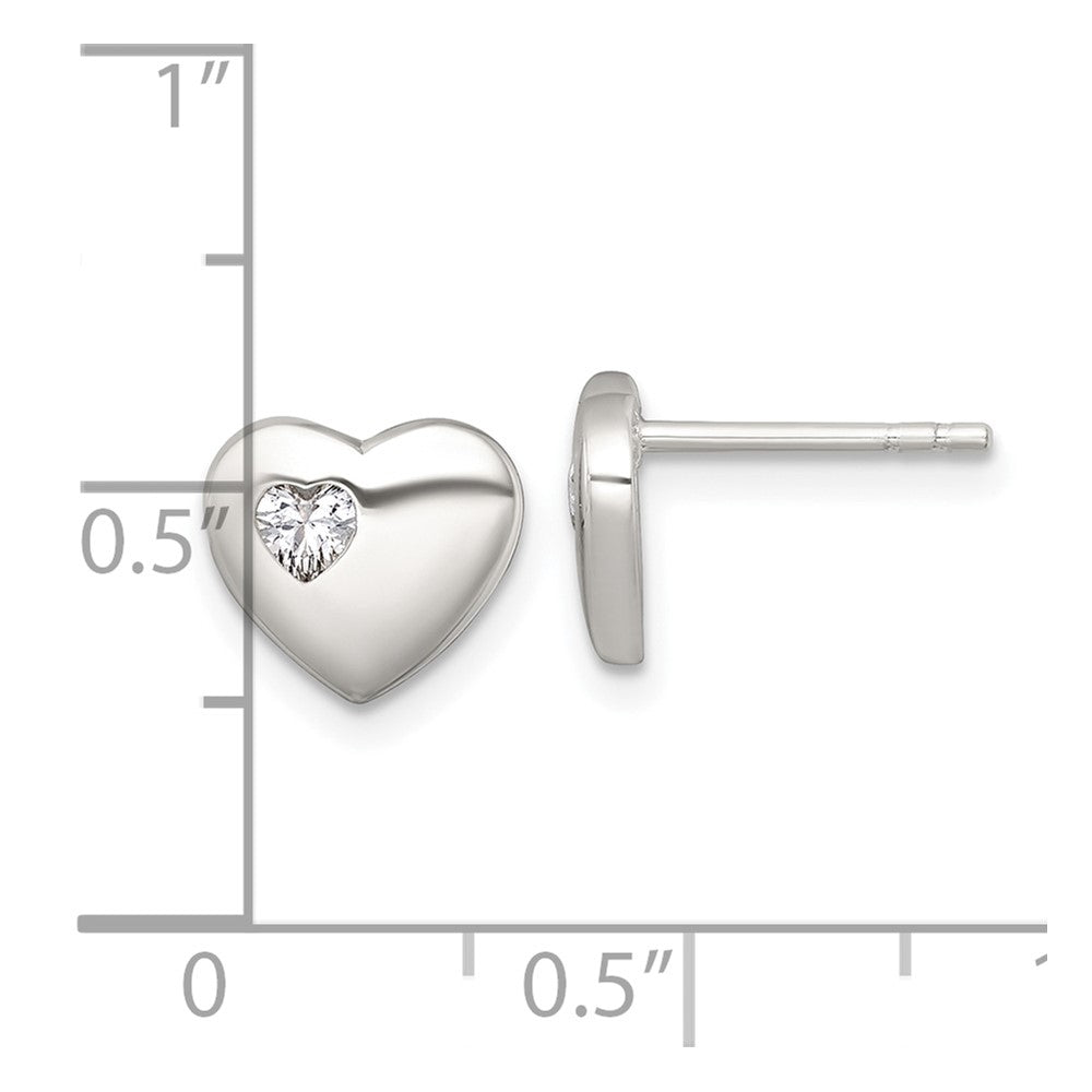 QE18210 Sterling Silver Polished CZ Heart Post Earrings
