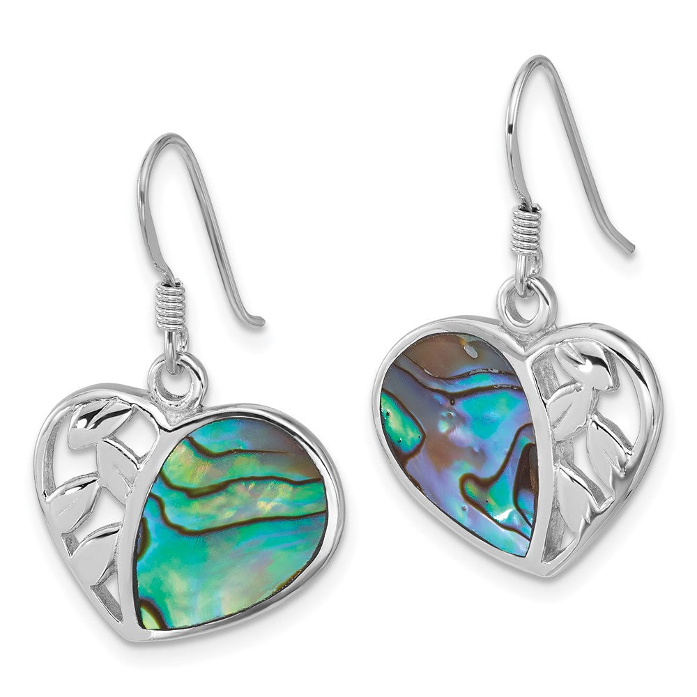 QE18212 Sterling Silver Rhodium-plated Polished Abalone Heart and Leaves Dangle Shepherd Hook Earrings