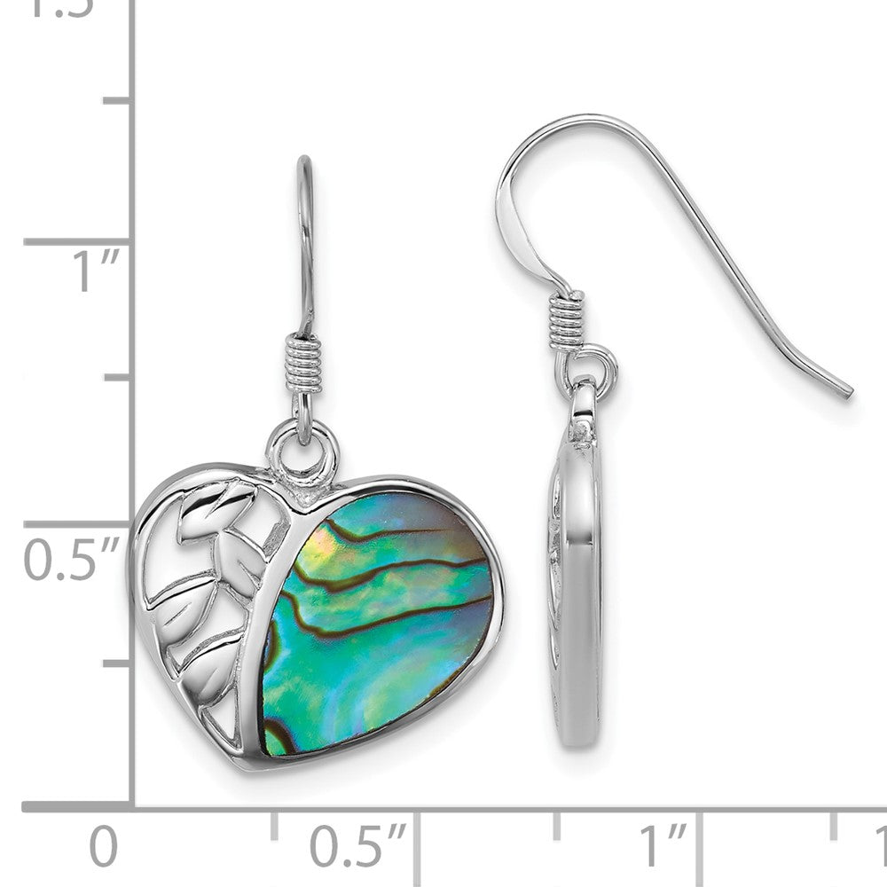 QE18212 Sterling Silver Rhodium-plated Polished Abalone Heart and Leaves Dangle Shepherd Hook Earrings