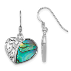 QE18212 Sterling Silver Rhodium-plated Polished Abalone Heart and Leaves Dangle Shepherd Hook Earrings