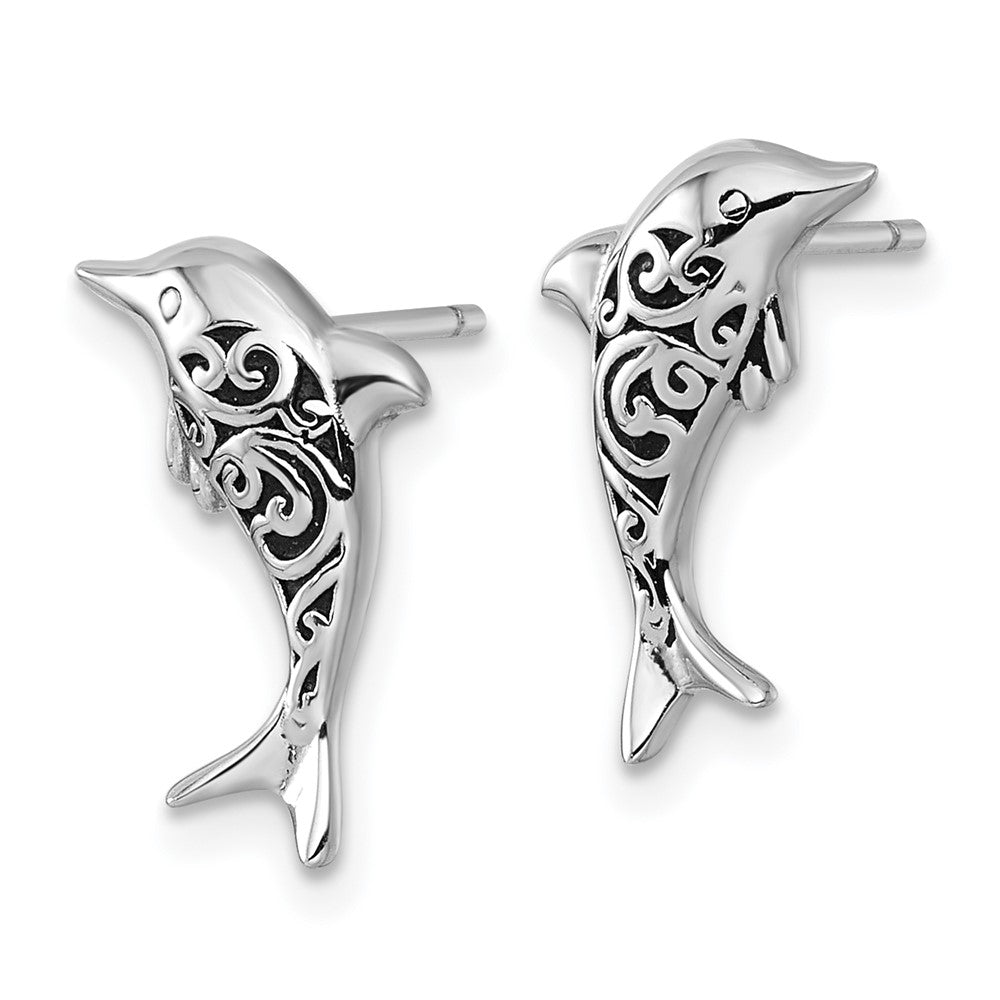 QE18216 Sterling Silver Rhodium-plated Polished and Oxidized Filigree Dolphin Post Earrings