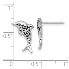 QE18216 Sterling Silver Rhodium-plated Polished and Oxidized Filigree Dolphin Post Earrings