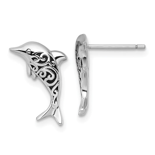 QE18216 Sterling Silver Rhodium-plated Polished and Oxidized Filigree Dolphin Post Earrings