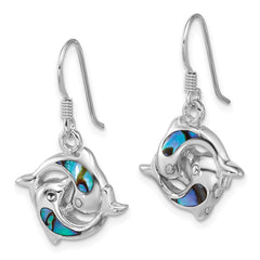 QE18217 Sterling Silver Rhodium-plated Polished Abalone Dolphins Dangle Shepherd Hook Earrings