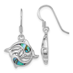 QE18217 Sterling Silver Rhodium-plated Polished Abalone Dolphins Dangle Shepherd Hook Earrings