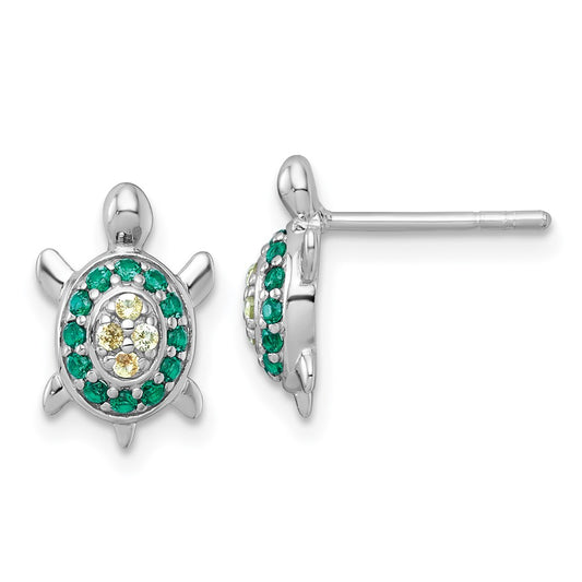 QE18219 Sterling Silver Rhodium-plated Polished Green And Yellow Nano Crystals Turtle Post Earrings