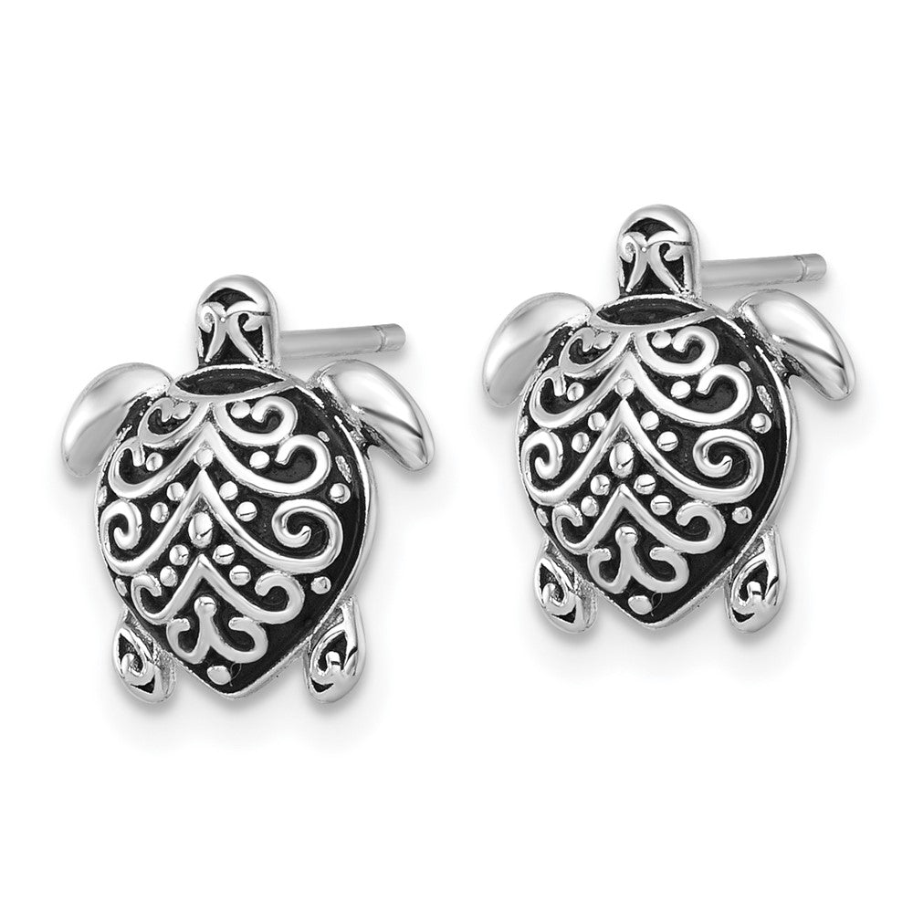 QE18220 Sterling Silver Polished and Oxidized Filigree Hollow Turtle Post Earrings
