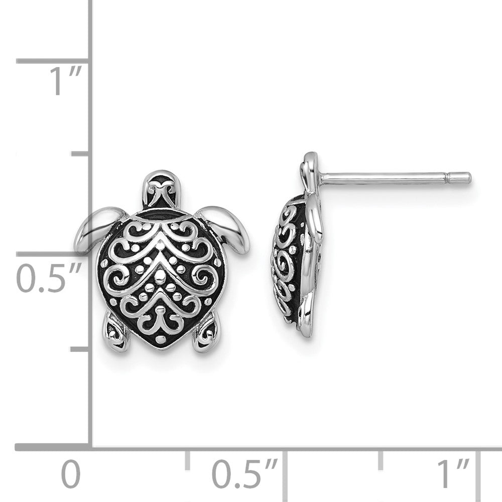 QE18220 Sterling Silver Polished and Oxidized Filigree Hollow Turtle Post Earrings