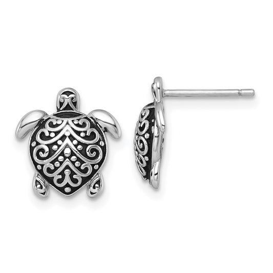 QE18220 Sterling Silver Polished and Oxidized Filigree Hollow Turtle Post Earrings