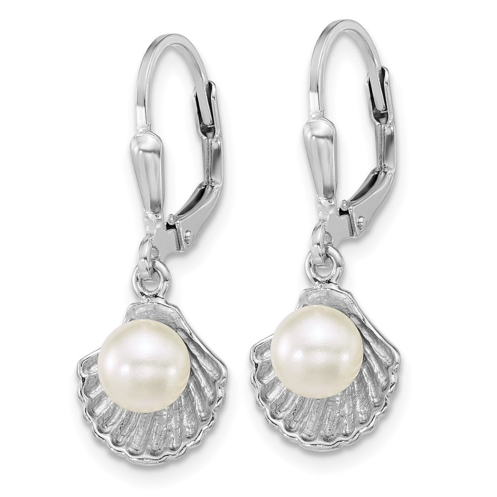 QE18221 Sterling Silver Rhodium-plated Polished Sea Shell and Acrylic Pearl Leverback Earrings