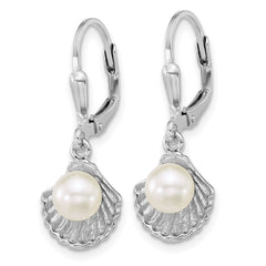 QE18221 Sterling Silver Rhodium-plated Polished Sea Shell and Acrylic Pearl Leverback Earrings