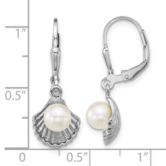 QE18221 Sterling Silver Rhodium-plated Polished Sea Shell and Acrylic Pearl Leverback Earrings