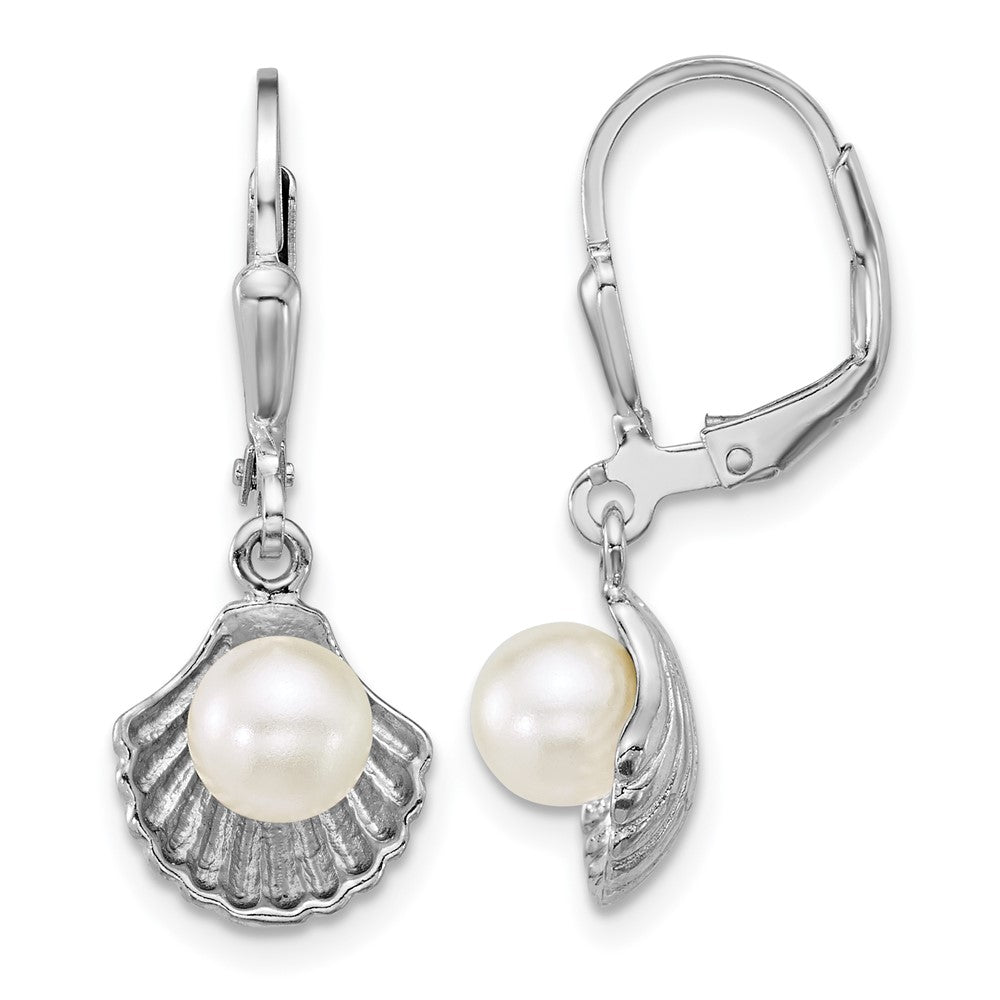 QE18221 Sterling Silver Rhodium-plated Polished Sea Shell and Acrylic Pearl Leverback Earrings