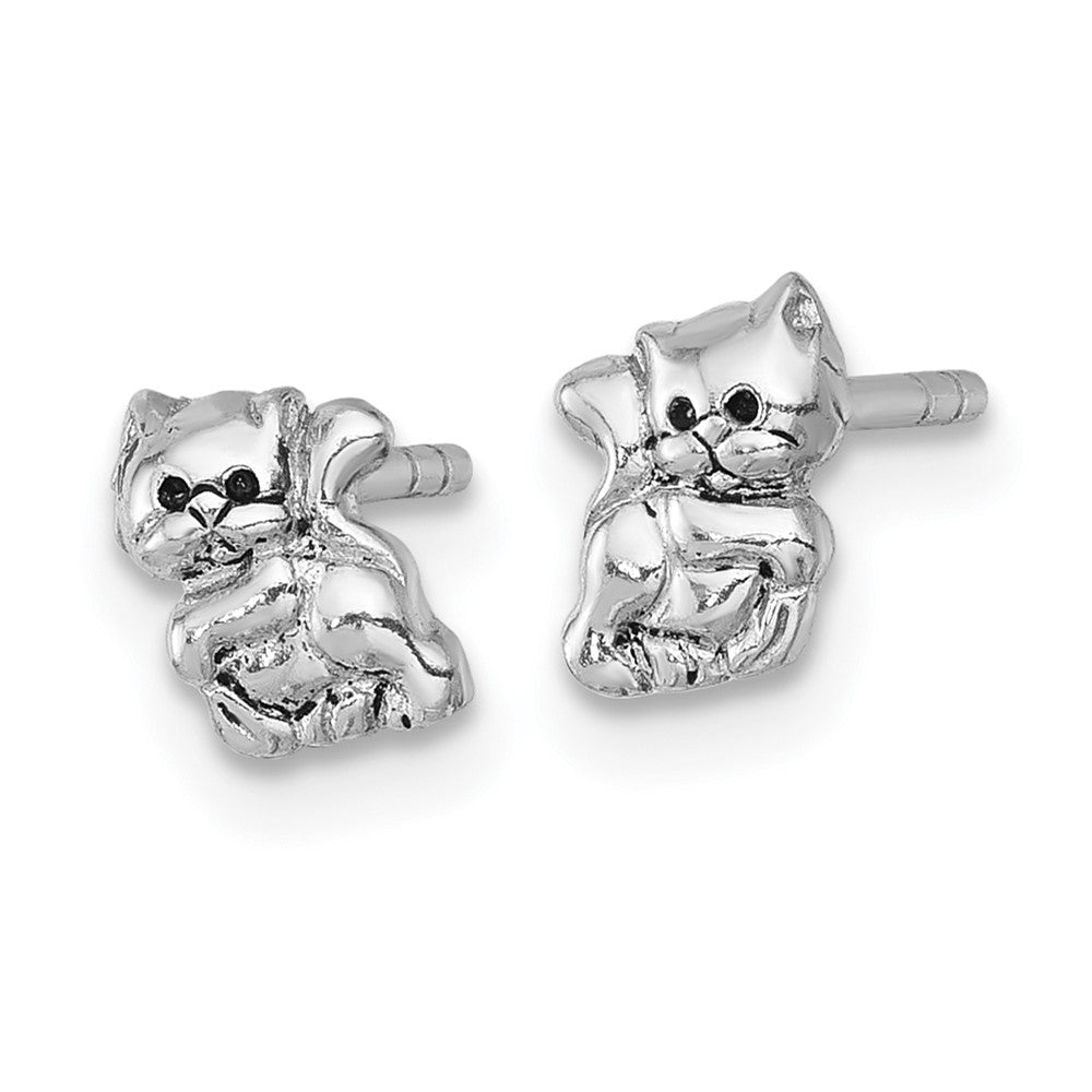 QE18224 Sterling Silver Rhodium-plated Polished Enameled Cat Kitten Post Earrings