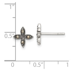 QE18230 Sterling Silver Antiqued Marcasite Fancy Flower Post Earrings