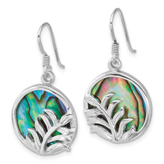 QE18231 Sterling Silver Rhodium-plated Polished Round Abalone with Leaves Dangle Shepherd Hook Earrings
