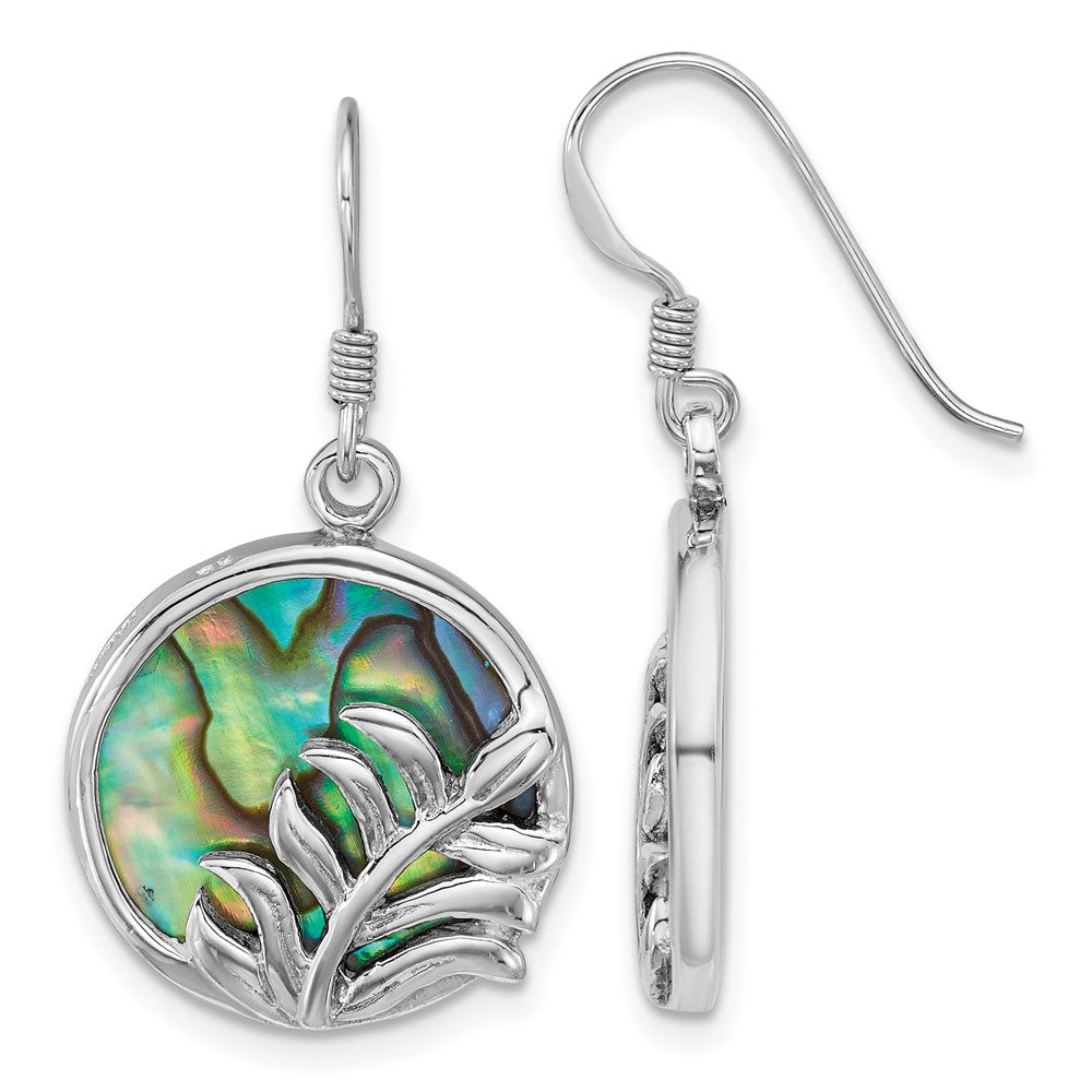 QE18231 Sterling Silver Rhodium-plated Polished Round Abalone with Leaves Dangle Shepherd Hook Earrings
