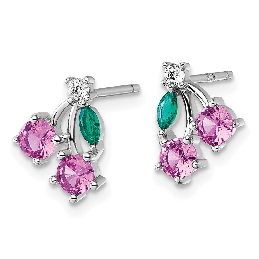 QE18232 Sterling Silver Rhodium-plated CZ and Lab Created Corundum and Green Glass Cherry Post Earrings