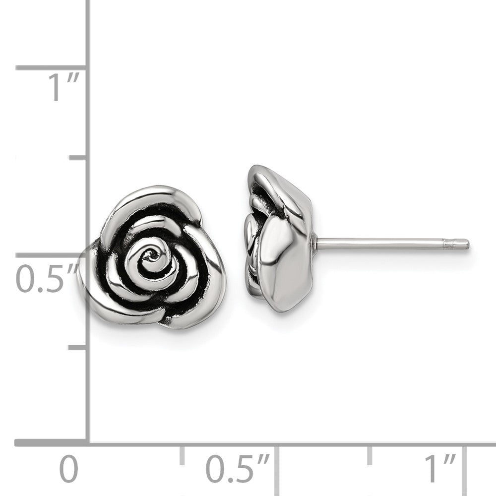 QE18233 Sterling Silver Polished and Antiqued Rose Post Earrings