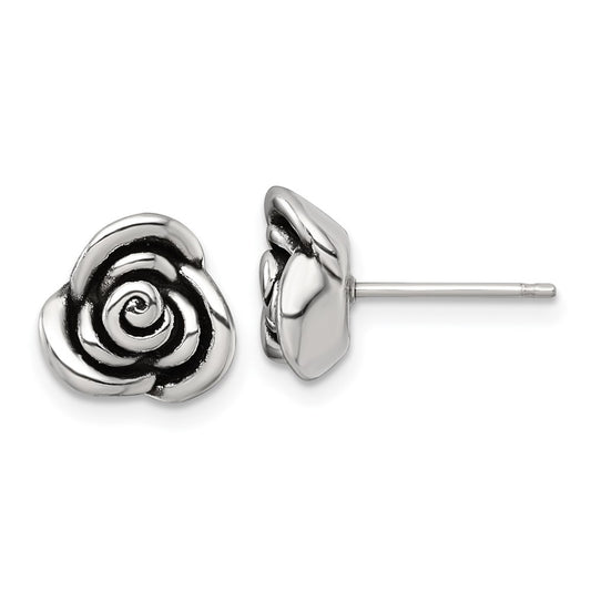 QE18233 Sterling Silver Polished and Antiqued Rose Post Earrings