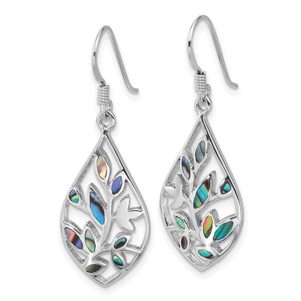 QE18236 Sterling Silver Rhodium-plated Polished Abalone Floral Dangle Shepherd Hook Earrings