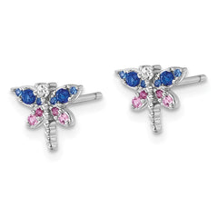 QE18239 Sterling Silver Rhodium-plated CZ and Lab Created Corundum and Blue Glass Dragonfly Post Earrings