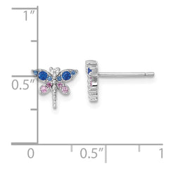 QE18239 Sterling Silver Rhodium-plated CZ and Lab Created Corundum and Blue Glass Dragonfly Post Earrings