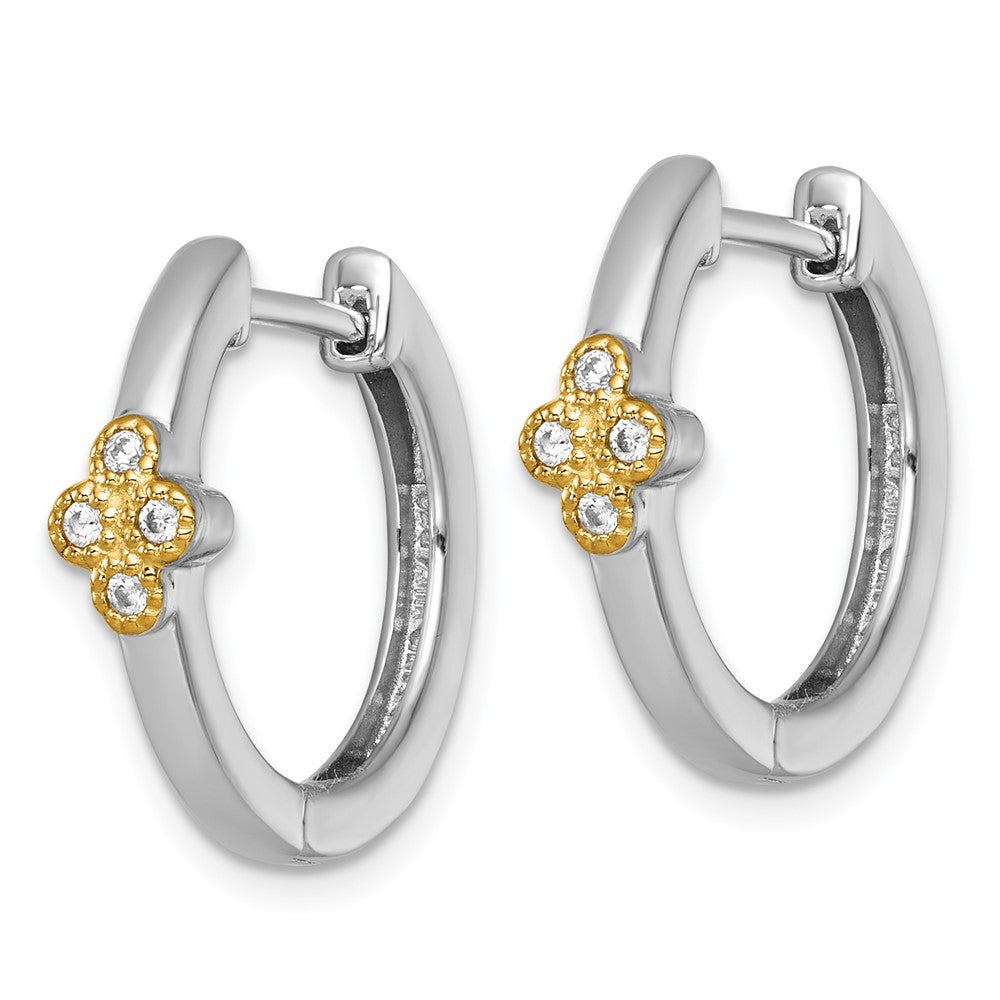 QE18242 Sterling Silver Rhodium-plated with 14k Accent Polished CZ Hinged Hoop Earrings