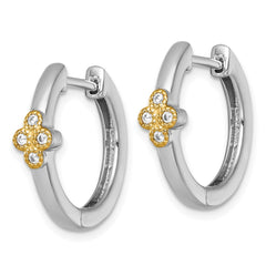 QE18242 Sterling Silver Rhodium-plated with 14k Accent Polished CZ Hinged Hoop Earrings