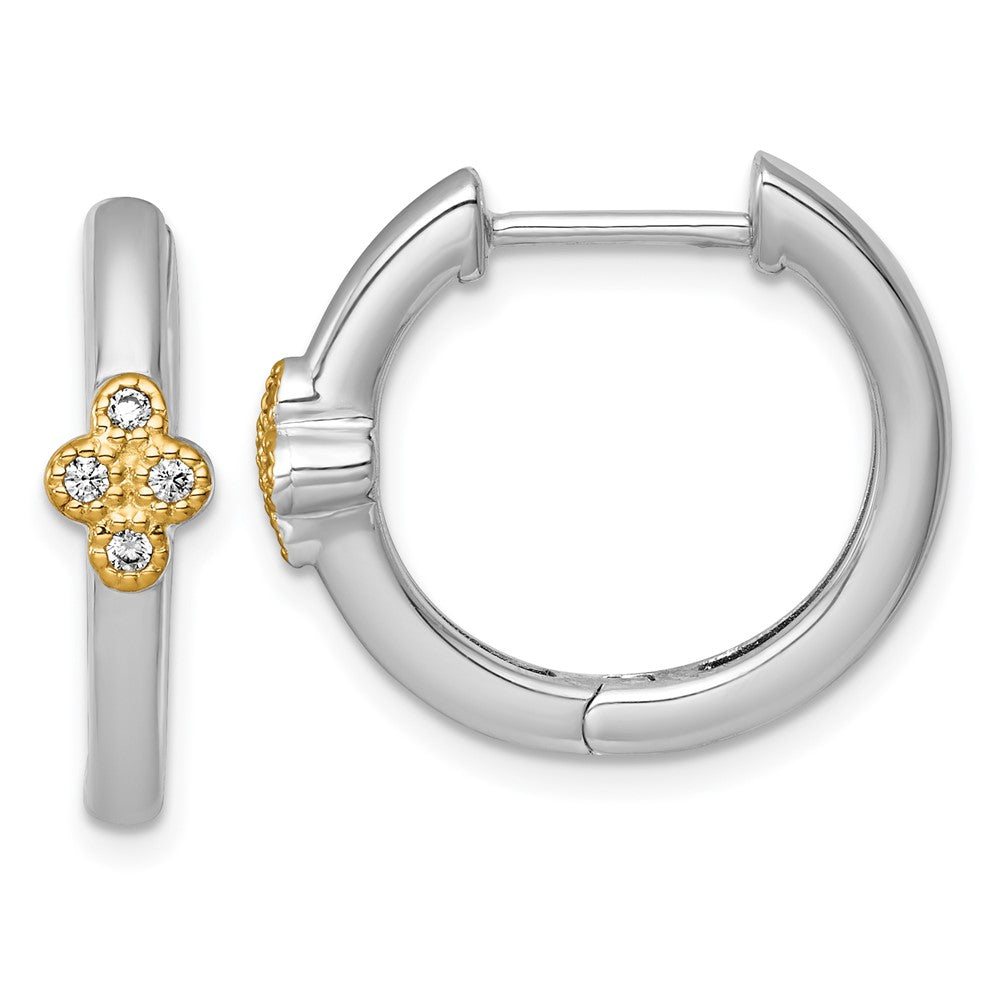 QE18242 Sterling Silver Rhodium-plated with 14k Accent Polished CZ Hinged Hoop Earrings