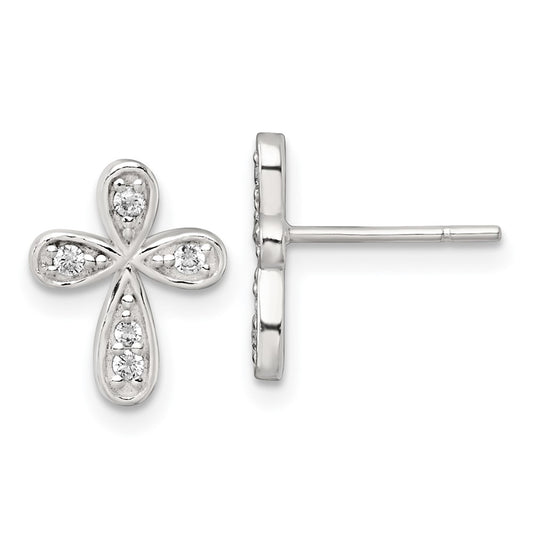 QE18243 Sterling Silver Polished CZ Cross Post Earrings
