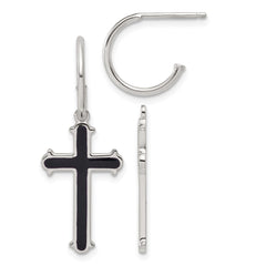 QE18244 Sterling Silver Polished Black Enamel Cross Dangle C-Hoop Post Earrings